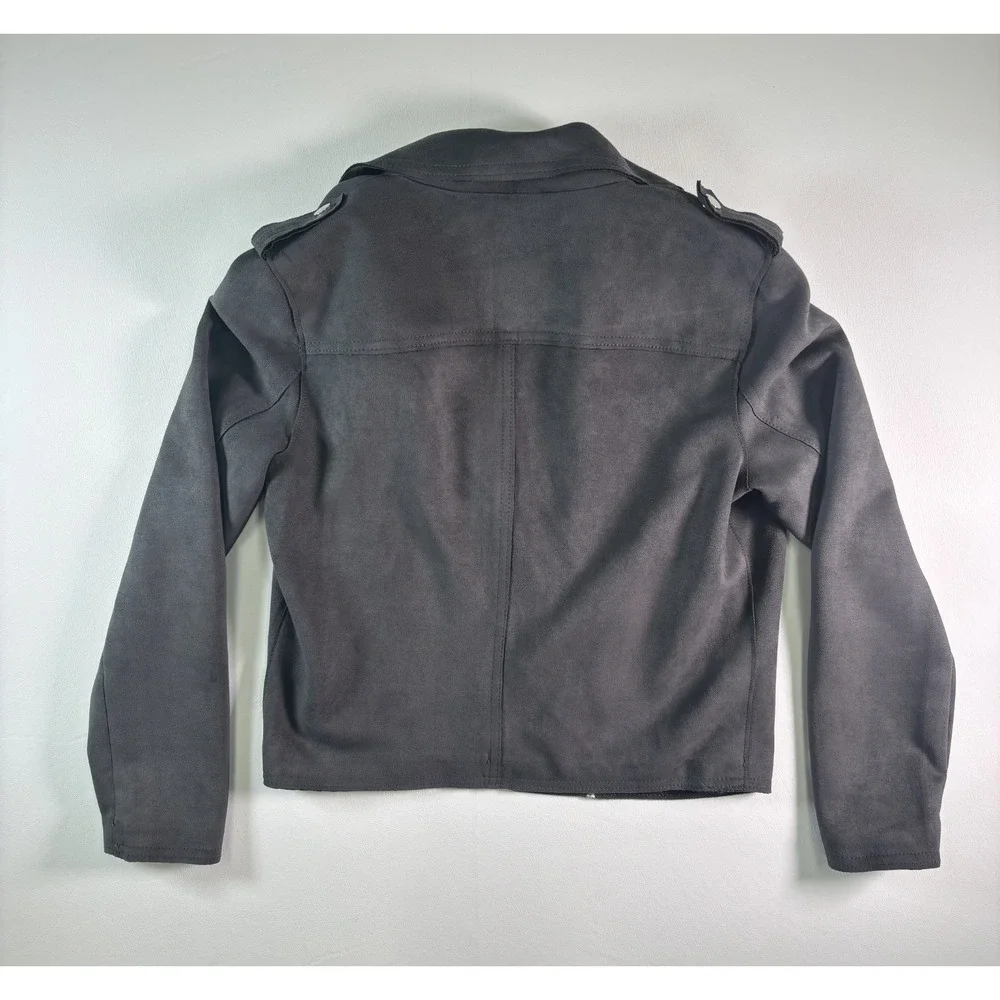TAHARI Faux Leather Suede Jacket Women's‎ Small Grey Long Sleeve Coat Open